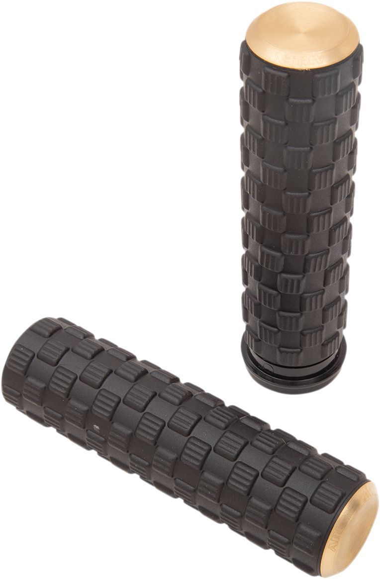 Arlen Ness Air Trax Grips - Billet Aluminum /  Rubber, Closed End /  No Flange /  Throttle-By-Wire, Pair - Black / Brass for Harley-Davidson Touring, Softail, Dyna & Trike 2008-202