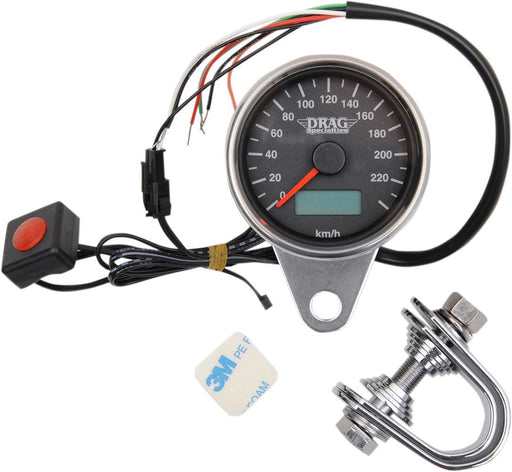 Drag Specialties 220 KMH Black Face Programmable Mini Electronic Speedometer With Odometer/Tripmeter 2.37" - Part #22100326 - Hogparts UK