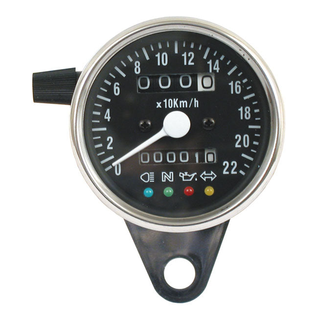 Motorcycle Storehouse LED Mini Speedo 2:1 Kmh. Chrome With Black Face Plate for Most Models With Front Wheel Drive; Some Early Models With Transmission Drive