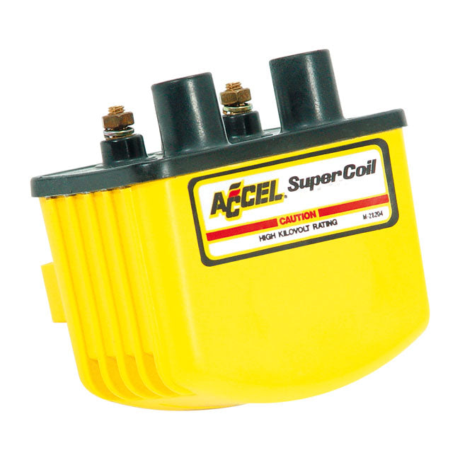 Accel, 'Single Fire Super Coil' Yellow, 12V / 3 Ohm for 65-99 Big Twin; 65-03 XL. For Electronic Ignition (Excl. Twin Cam & Other Single Fire Models) In Custom Applications (Single Fire, Carburetted Models)