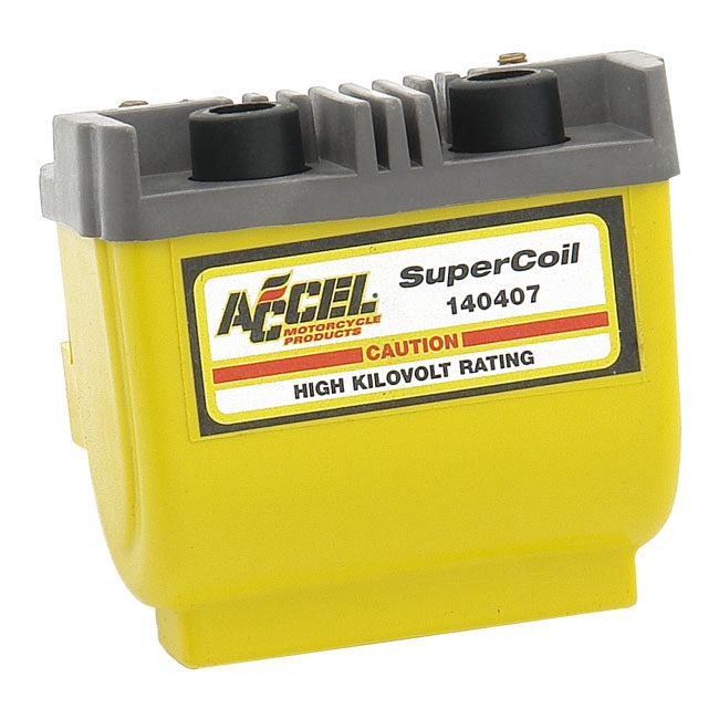 Accel, Hei Super Coil Yellow, 12V / 2.3 Ohm for 65-99 Big Twin; 65-03 XL. For Electronic Ignition (Excl. Twin Cam & Other Single Fire Models) In Custom Applications (Dual Fire, Carburetted Models)