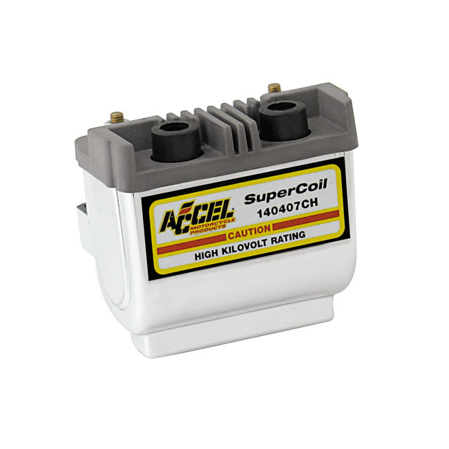 Accel, Hei Super Coil Chrome, 12V / 2.3 Ohm for 65-99 Big Twin; 65-03 XL. For Electronic Ignition (Excl. Twin Cam & Other Single Fire Models) In Custom Applications (Dual Fire, Carburetted Models)