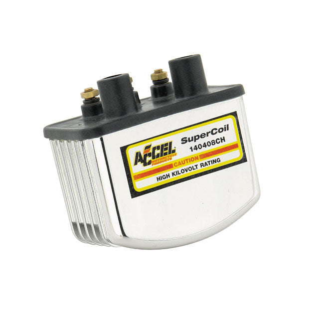 Accel 'Single Fire Super Coil' Chrome, 12V / 3 Ohm for 65-99 Big Twin; 65-03 XL. For Electronic Ignition (Excl. Twin Cam & Other Single Fire Models) In Custom Applications (Single Fire, Carburetted Models)