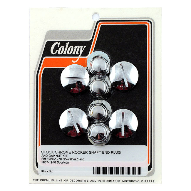 Colony, Rocker Shaft Plug & Nut Kit. Slotted. Chrome for 66-E71 Shovelhead; 57-E71 XL