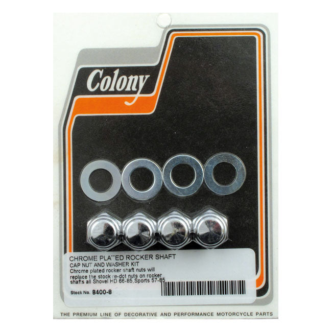 Colony, Rocker Shaft End Nut Set. Cap Style, Chrome for 66-84 Shovelhead; 57-85 XL