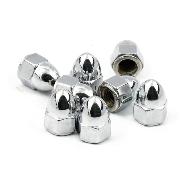 James Acorn Nut Set, Exhaust Mount. Chrome for Exhaust To Head: 84-20 Big Twin; 86-20 XL; 08-12XR1200; 87-10Buell Xb
