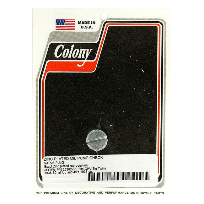 Colony Plug, Oil Pump Check Valve for 36-80 Big Twin Ohv & Sv; 37-52 45" Sv