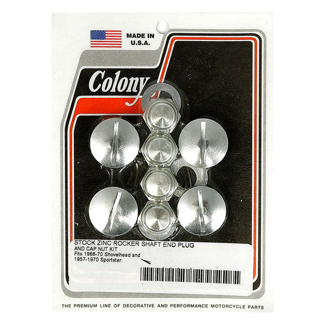 Colony, Rocker Shaft Plug & Nut Kit. Slotted. Zinc for 66-E71 Shovelhead; 57-E71 XL