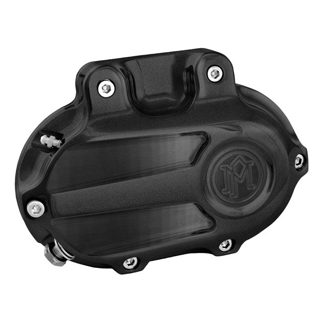 Pm Transmission End Cover Scallop, Hydraulic. Black Ops for 06-17 Dyna; 07-17 Softail; 07-13 Touring; 14-16 FLHR/C Touring Without Fairing