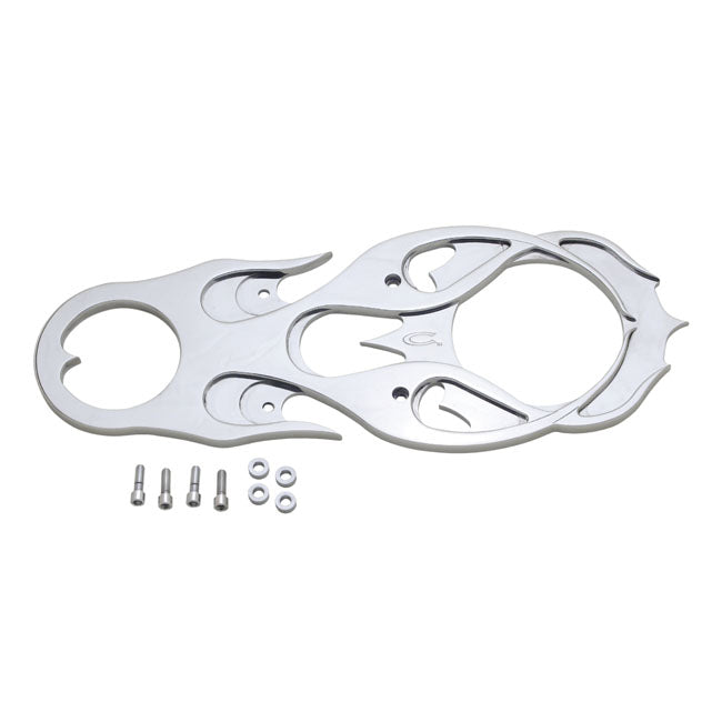 Covington's, Covers For BDL Belt Drives. Flamed, Chrome for Softail & Dyna With BDL 3" Open Belt Drives