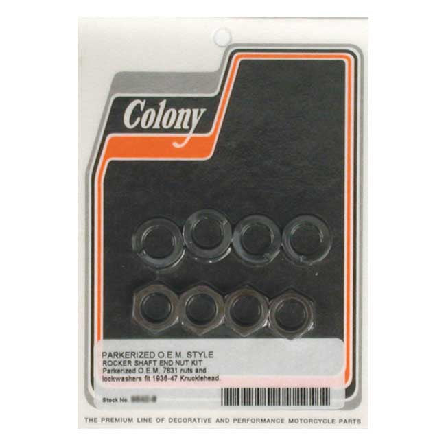 Colony, Rocker Shaft End Nut Kit. Black for 36-47 Knucklehead
