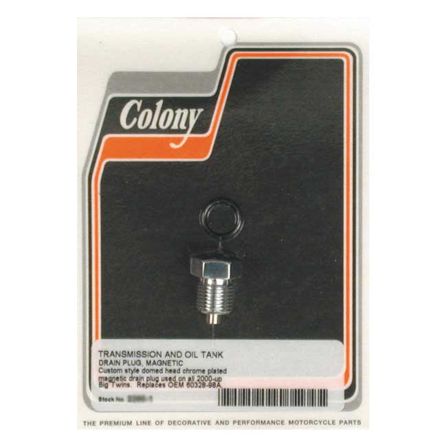 Colony Oil Drain Plug, Magnetic for 00-17 Softail(1): Oil Tank  00-17 Softail(1): Transm.  18-20 Softail(2); 01-17 Dyna(2); 01-20 Flt/Touring(2): Transm./Oil Pan  07-17 Dyna(1); 07-20 Softail, Touring(1): Primary  04-20 XL(1): Primary