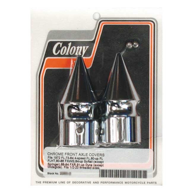 Colony Front Axle Nut Covers for 72-84 Fl; 80-06 Flt; 80-86 FXWG; 84-06 Softail; 91-06 Dyna 9Excl. FXDWG); 88-94 FXR
