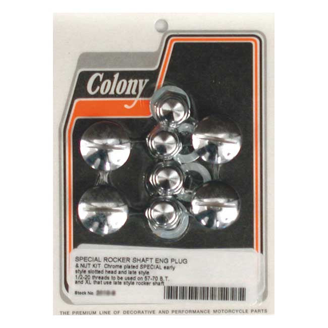 Colony, Rocker Shaft Plug & Nut Kit. Slotted. Chrome for L71-84 Shovelhead; L71-85 XL