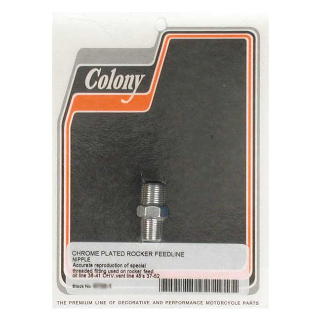 Colony, Knuckle Rocker Box Oil Feed Fitting. Chrome for 36-41 Knucklehead; 37-64 45" Flathead