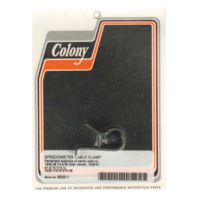 Colony, Speedo Cable Clamp. Black Parkerized for 36-38 74"/80" Sv Big Twin; 36-51 61"/74" Ohv Big Twin