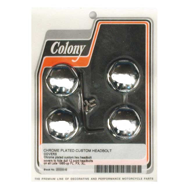 Colony, Head Bolt Cover Kit. Custom Hex Domed, Chrome for L85-17Big Twin (Excl. M8); 92-20 XL; 08-12XR1200