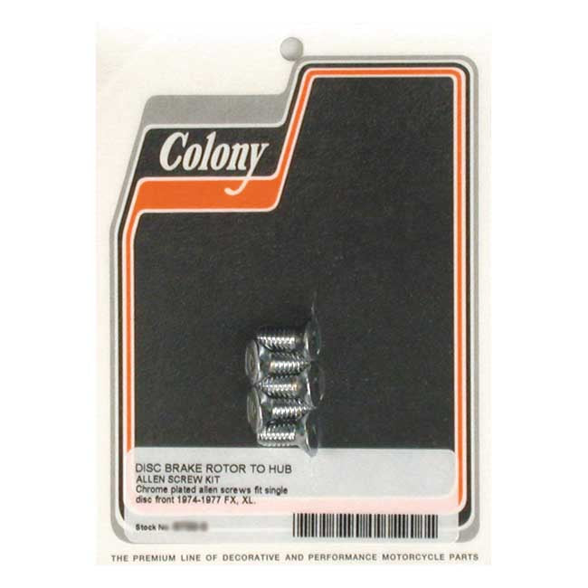 Colony, Front Brake Rotor Bolt Kit. Chrome for 74-77 FX, XL. Front Cast Wheel Single Disc