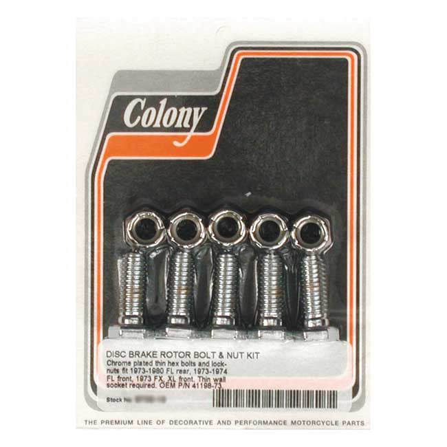 Colony, Front/Rear Brake Rotor Bolt & Nut Kit. Chrome Hex for Front: 73-74 Fl; 1973 FX, XL   Rear: 73-80 FL