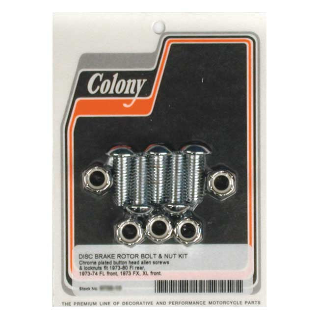 Colony, Front/Rear Brake Rotor Bolt & Nut Kit. Chrome Button for Front: 73-74 Fl; 1973 FX, XL   Rear: 73-80 FL