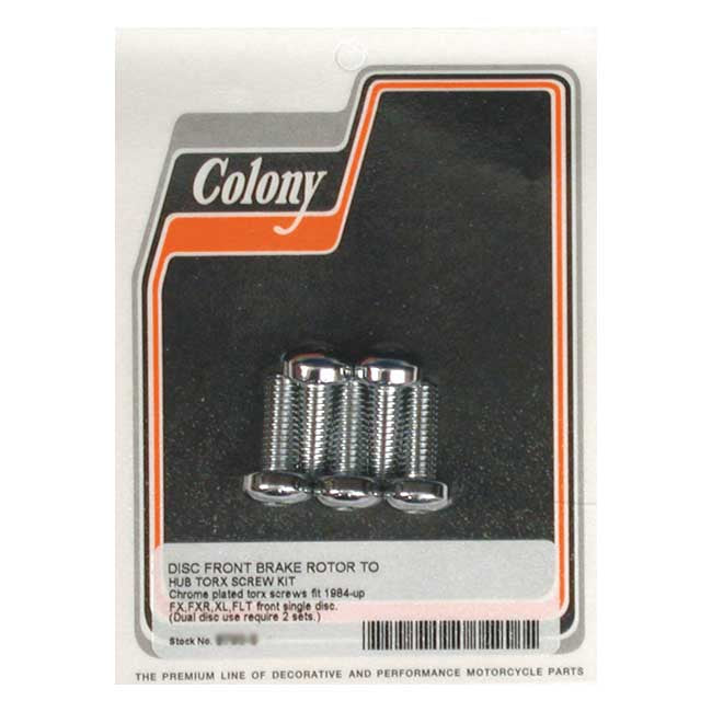 Colony, Front Brake Rotor Bolt Kit. Chrome for 84-15FX; 84-94FXR; 84-20 Flt/Touring, XL; 06-17Dyna