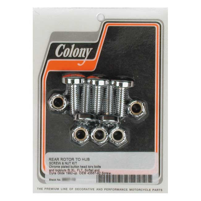 Colony, Rear Brake Rotor Bolt & Nut Kit. Chrome Torx for 92-20 Softail, Dyna, Flt/Touring, XL