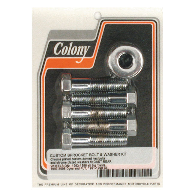 Colony, 7/16 Sprocket Bolt Kit for Cast Rear Wheels: 93-96 All Big Twin; 97-98 Flt; 91-99 XL.   Cast & Laced Wheels: 97-99 Softail; 93-99 Dyna; 99-08 Flt; 00-20 XL.