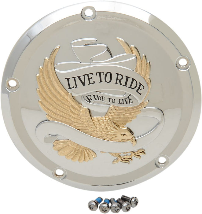Drag Specialties Cover Derby 5-Hole Live To Ride Chrome/Gold - Part #11070555 - Hogparts UK