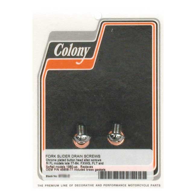COLONY DRAIN SCREWS, FORK SLIDER - Fork slider drain plug: 49-E77 FL  Crankcase drain plug: 77-19 XL; 08-12XR1200 (2 used)  Transmission: 01-16 Dyna, FLT   Oil pump: 68-99 B.T.  Oil tank & transm.: 00-16 Softail  Primary: 79-84FLT; 82-84FXR; 07-16 Softail - Hogparts UK